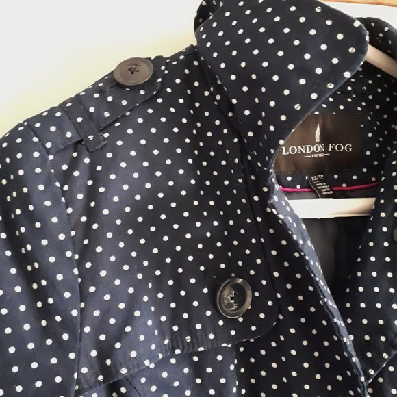 London Fog Trench Coat Navy Blue Polka Dot - Picture 10 of 11